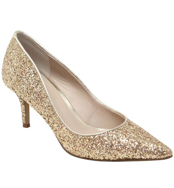 Charlotte Gold Glitter Block Heel Pumps